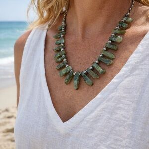 Green Aventurine Necklace Stick Beads Boho Statement Natural Stone 18”